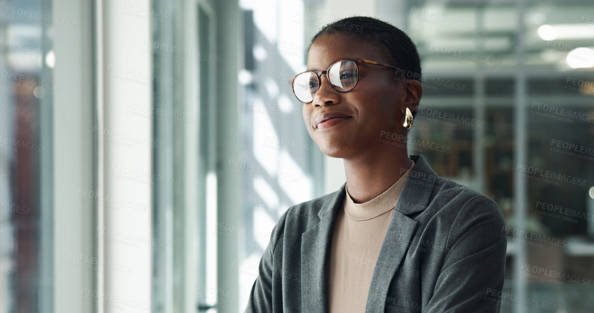 Buy stock photo Office, thinking and happy black woman with ideas, choice or creative problem solving decision. Solution, smile and proud business advisor daydreaming of profit growth, inspiration or opportunity
