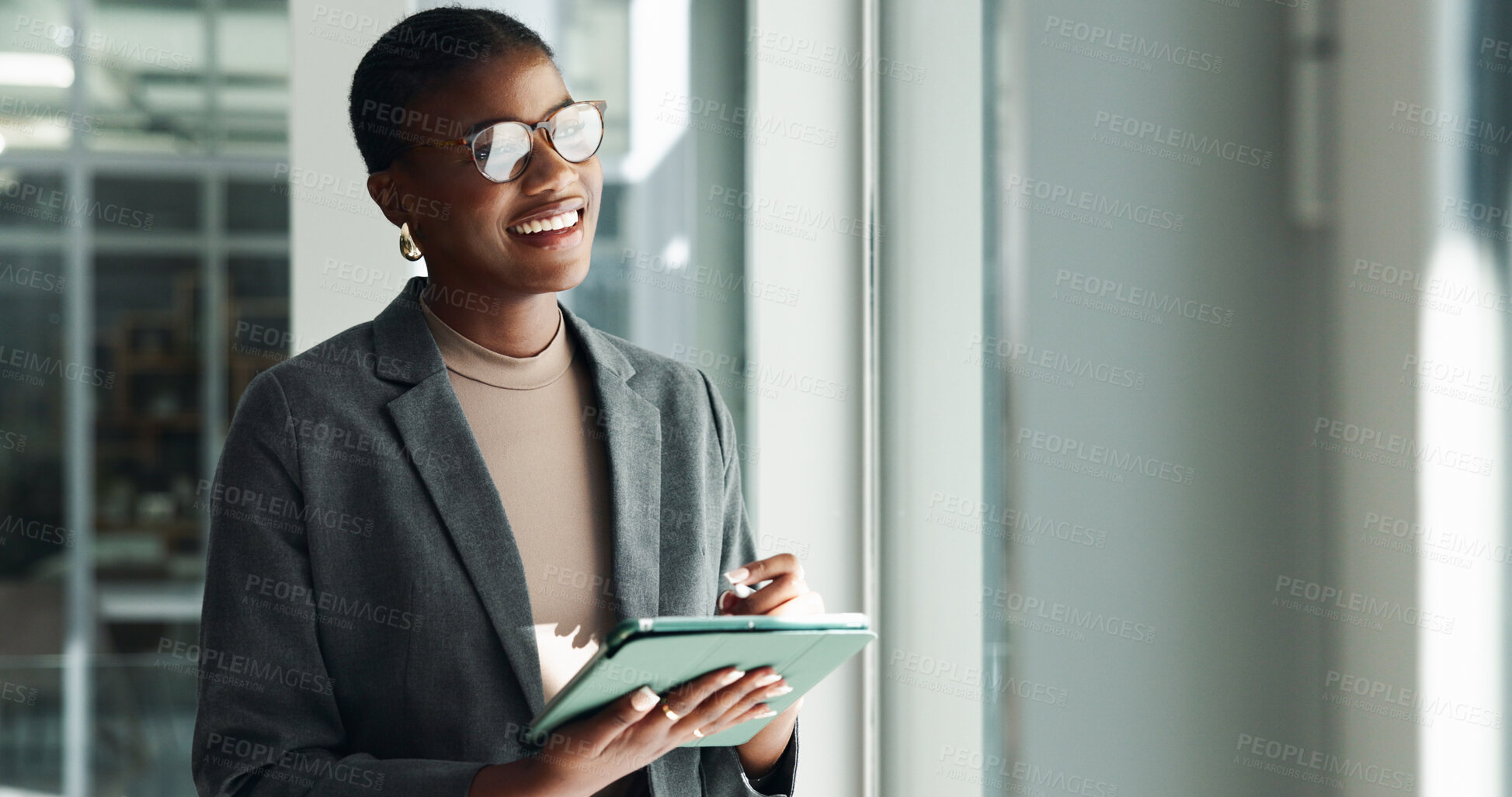 Buy stock photo Black woman, tablet and thinking in office for business, planning and creativity with glasses. Designer, tech and reflection in digital agency for ideas, email feedback and vision for new opportunity