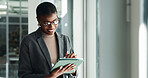 Tablet, typing and smile with business black woman in office for creative director, branding designer and search. Communication, email and digital with employee in startup agency for website and app