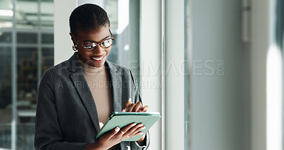Buy stock photo Tablet, typing and smile with business black woman in office for creative director, branding designer and search. Communication, email and digital with employee in startup agency for website and app