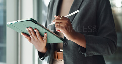 Buy stock photo Tablet, drawing and hands with business woman in office for creative director, branding designer and search. Communication, email and digital pen with closeup of employee in startup for website
