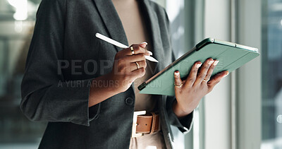 Buy stock photo Tablet, pen and hands with business woman in office for creative director, branding designer and search. Communication, email and digital drawing with closeup of employee in startup for website