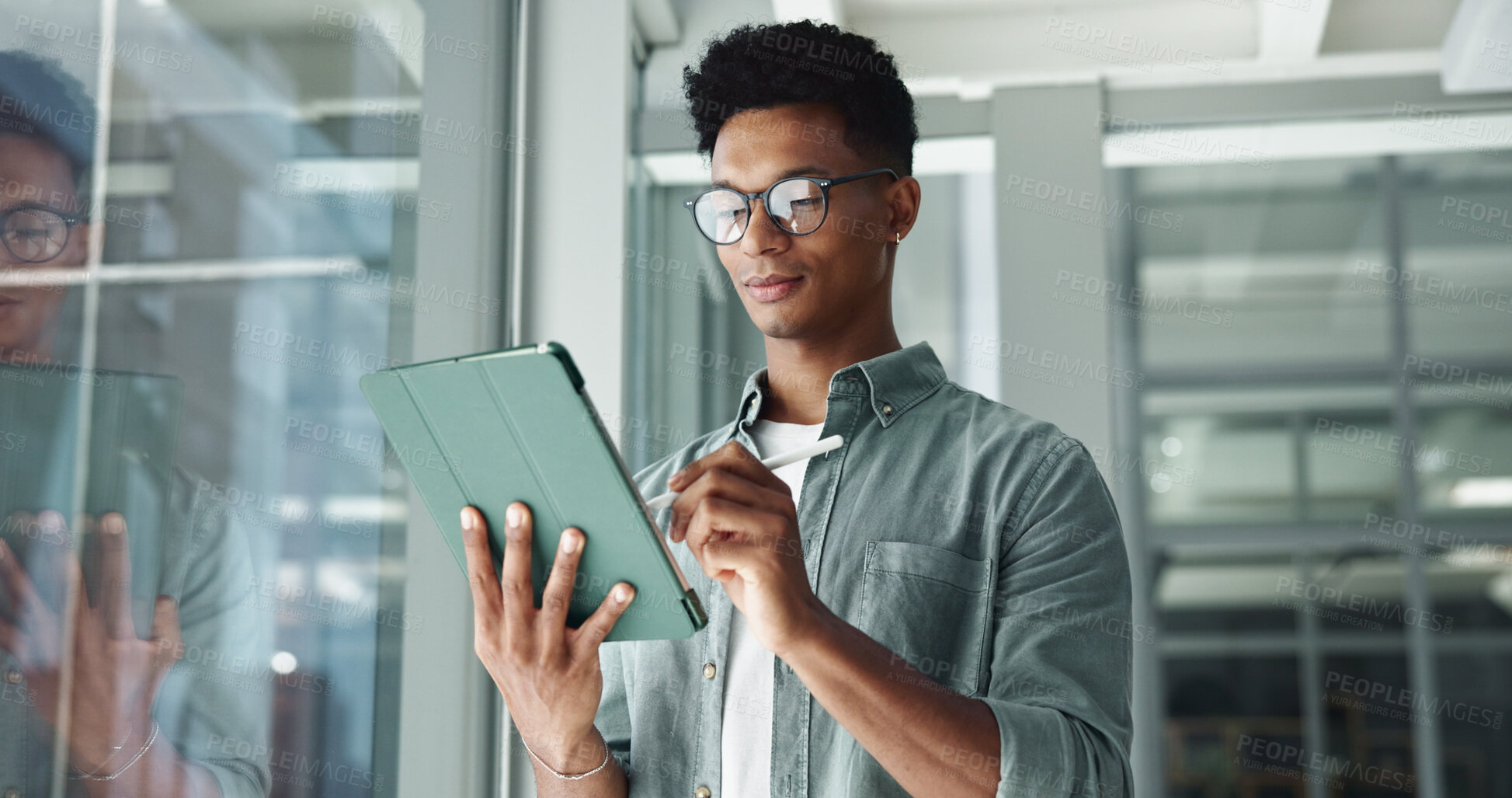 Buy stock photo Business man, tablet and writing at office by window for insight, notes and project management. Person, checklist and digital touchscreen for review, sign and feedback in workplace at creative agency
