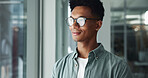 Window, thinking and proud man with ideas, smile and future plan for creative problem solving or choice. Office, reflection or designer daydreaming of business growth, inspiration and opportunity