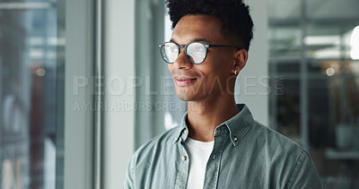 Buy stock photo Window, thinking and proud man with ideas, smile and future plan for creative problem solving or choice. Office, reflection or designer daydreaming of business growth, inspiration and opportunity