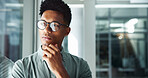 Office, thinking or creative man with ideas, startup challenge or future plan for problem solving or choice. Window, reflection or designer daydreaming of business growth, inspiration or opportunity