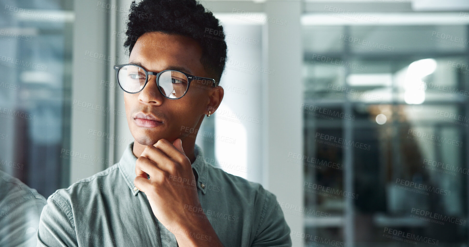 Buy stock photo Office, thinking or creative man with ideas, startup vision or future plan for problem solving or choice. Window, reflection or designer daydreaming of business growth, inspiration or opportunity