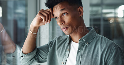 Buy stock photo Businessman, thinking and doubt with question on glass window for decision, choice or mistake at office. Man, employee or creative designer with wonder for business opportunity or idea at workplace