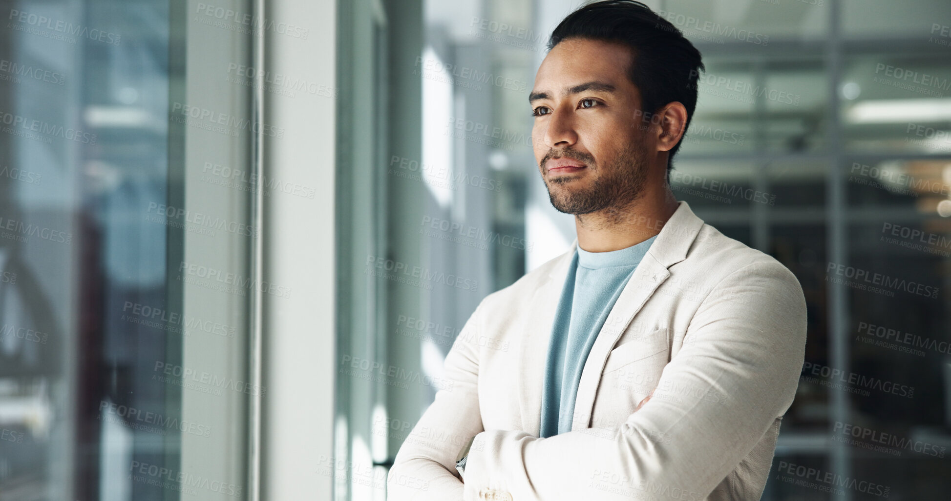 Buy stock photo Office, thinking or Asian man with ideas, arms crossed and future plan for creative problem solving. Window, serious or proud business advisor daydreaming of profit growth, inspiration or opportunity