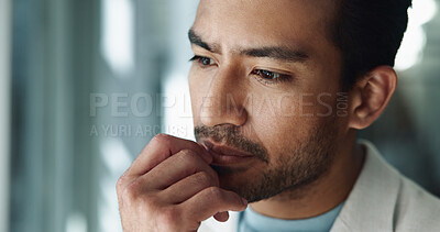 Buy stock photo Asian, businessman or thinking with decision in doubt for solution, ideas or corporate improvement at office. Man, thoughtful employee or financial accountant with wonder for new business opportunity