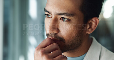 Buy stock photo Office, thinking or Asian man with ideas, challenge and future plan for creative problem solving. Window, face or serious business advisor daydreaming of profit growth, inspiration or opportunity