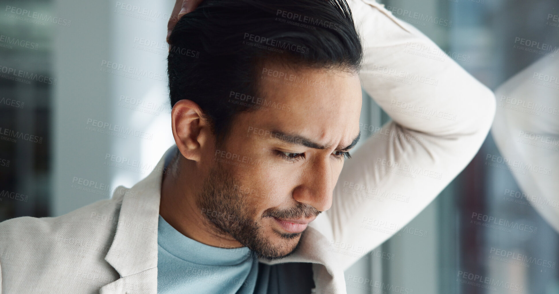 Buy stock photo Office, thinking or Asian man with fear, worry and stress crisis for problem solving dilemma. Doubt, nervous or face of scared business advisor with bankruptcy risk, corporate failure and mistake