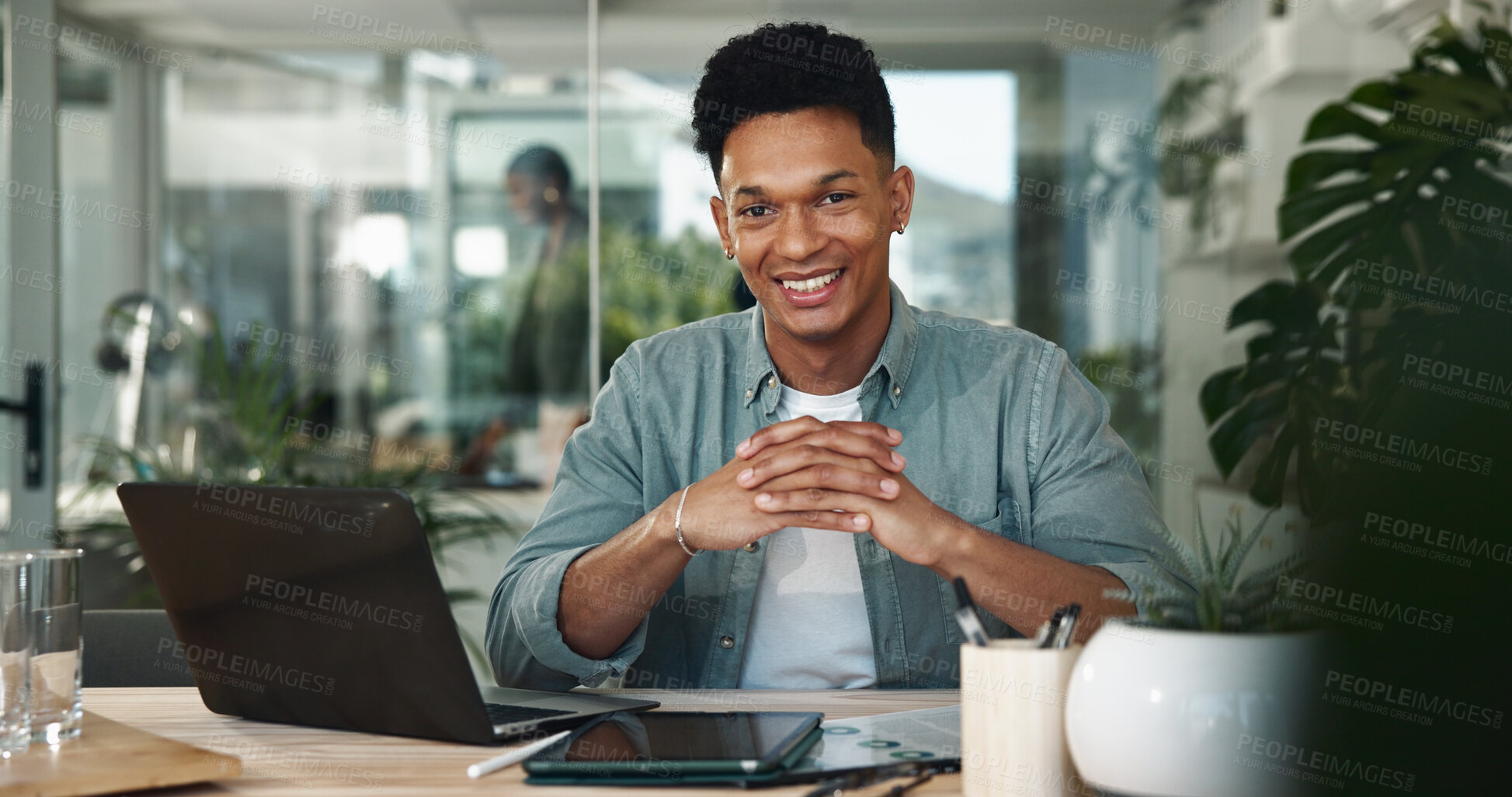 Buy stock photo Business man, startup and portrait with smile by laptop, excited or project at media company. Person, happy and editor with confident for career, feedback or decision at creative agency in Costa Rica