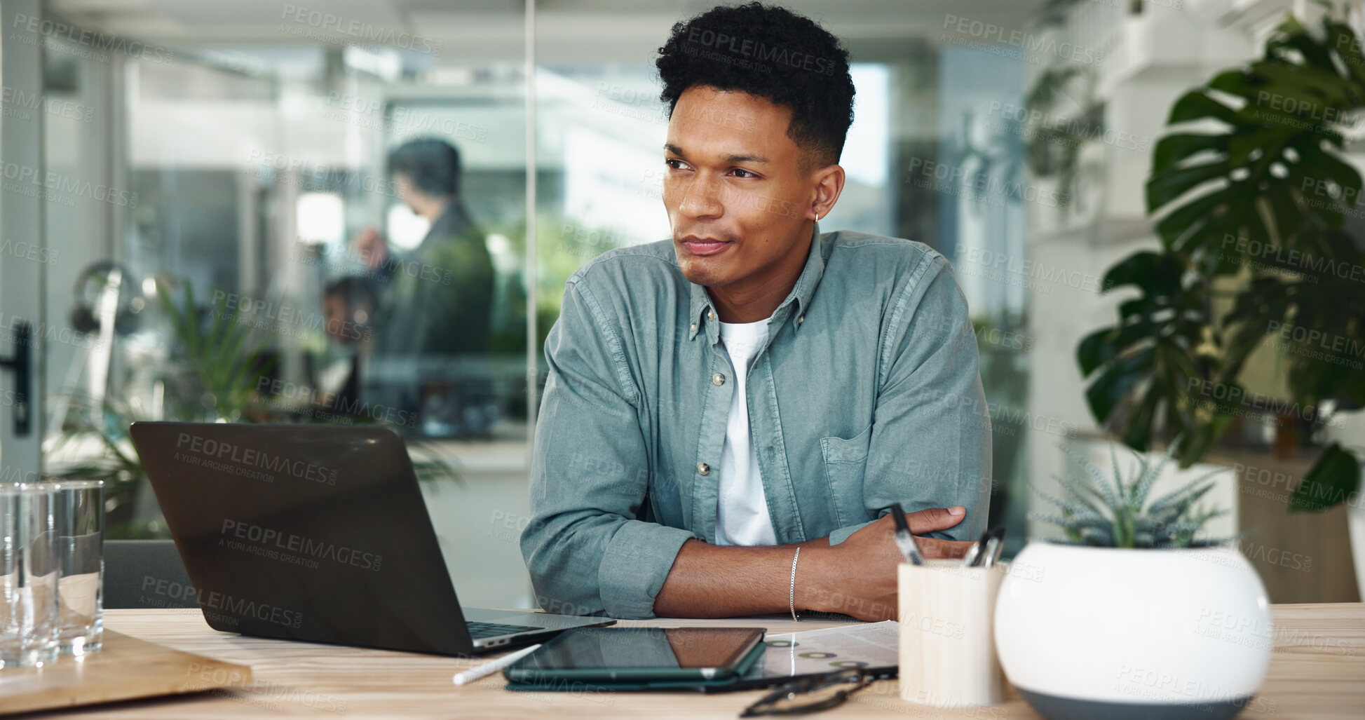 Buy stock photo Business man, startup and thinking at office with laptop, tablet or insight for project management. Person, reflection and perspective for review, feedback or decision in workplace at creative agency