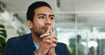 Buy stock photo Office, thinking or Asian man with ideas, worry and company crisis for creative problem solving. Doubt, nervous or face of serious business advisor with fear of risk, corporate mission or solution