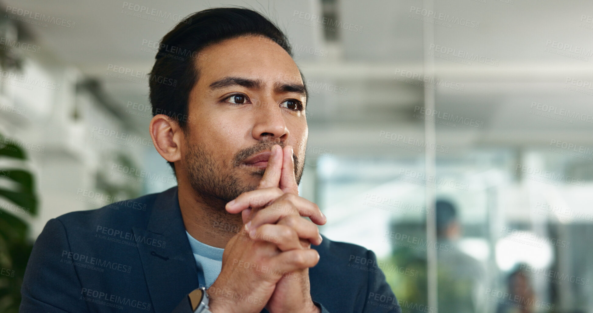 Buy stock photo Office, thinking or Asian man with ideas, worry and company crisis for creative problem solving. Doubt, nervous or face of serious business advisor with fear of risk, corporate mission or solution