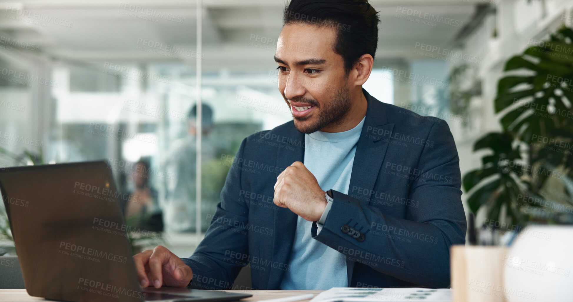 Buy stock photo Fist pump, laptop and success with business man in office for journalist, trending article and editor. Email, good news and winner with employee in startup agency for excited, network and project