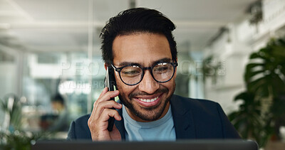 Buy stock photo Man, phone call and plan on laptop in office, schedule meeting and talking to client. Male person, communication and online for news quote by contact, press journalist and calendar notes on app