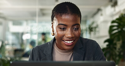 Buy stock photo Black woman, reading or laptop in office for business, creativity or smile for positive feedback. Website designer, tech or research in digital agency for software development, info or company update