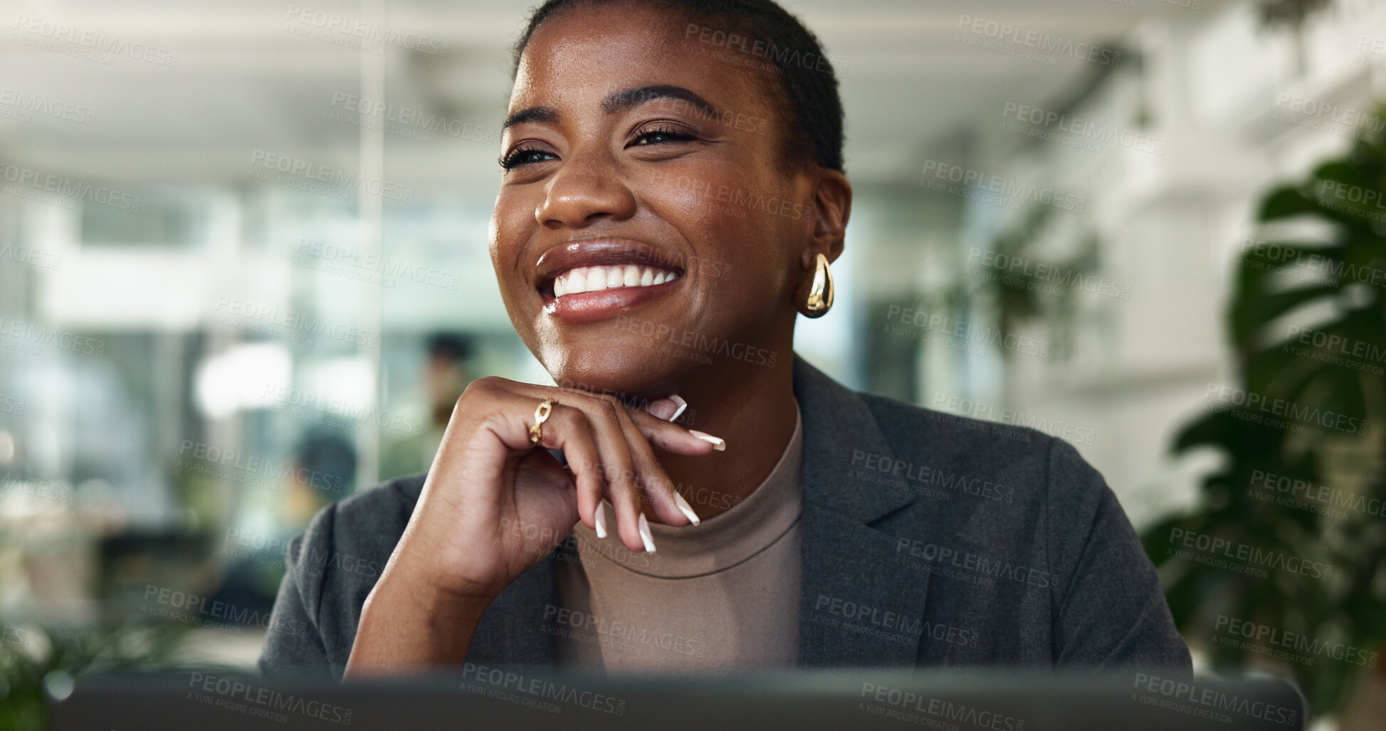 Buy stock photo Business, woman and happy with thinking in office for problem solving, financial solution and investment decision. Black employee, auditor and thoughtful for risk management, ideas and data analysis
