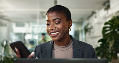 Buy stock photo Happy, black woman or business with phone for communication, virtual banking or online finance at office. African, female person or accountant with smile on mobile smartphone for financial app