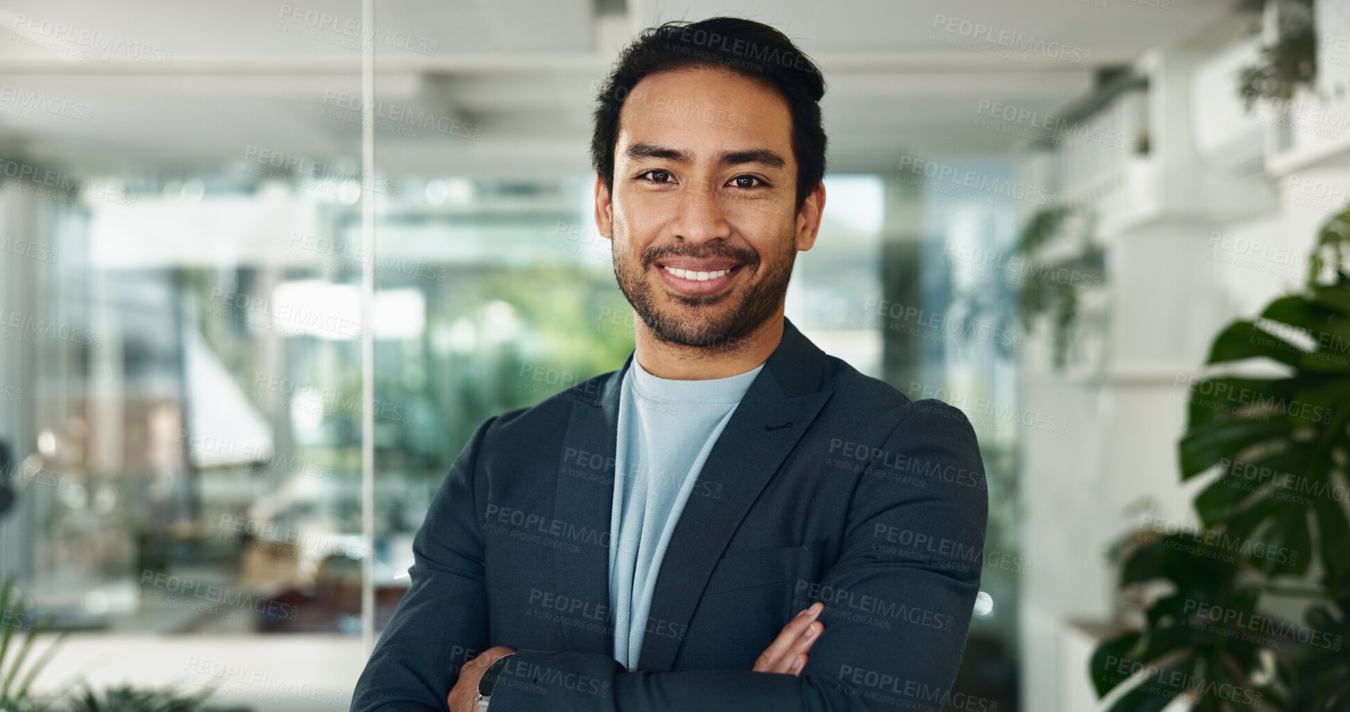 Buy stock photo Portrait, arms crossed and smile with business man in office for advocate, confidence and attorney clerk. Professional, legal counsel and opportunity with male employee in law firm of Indonesia