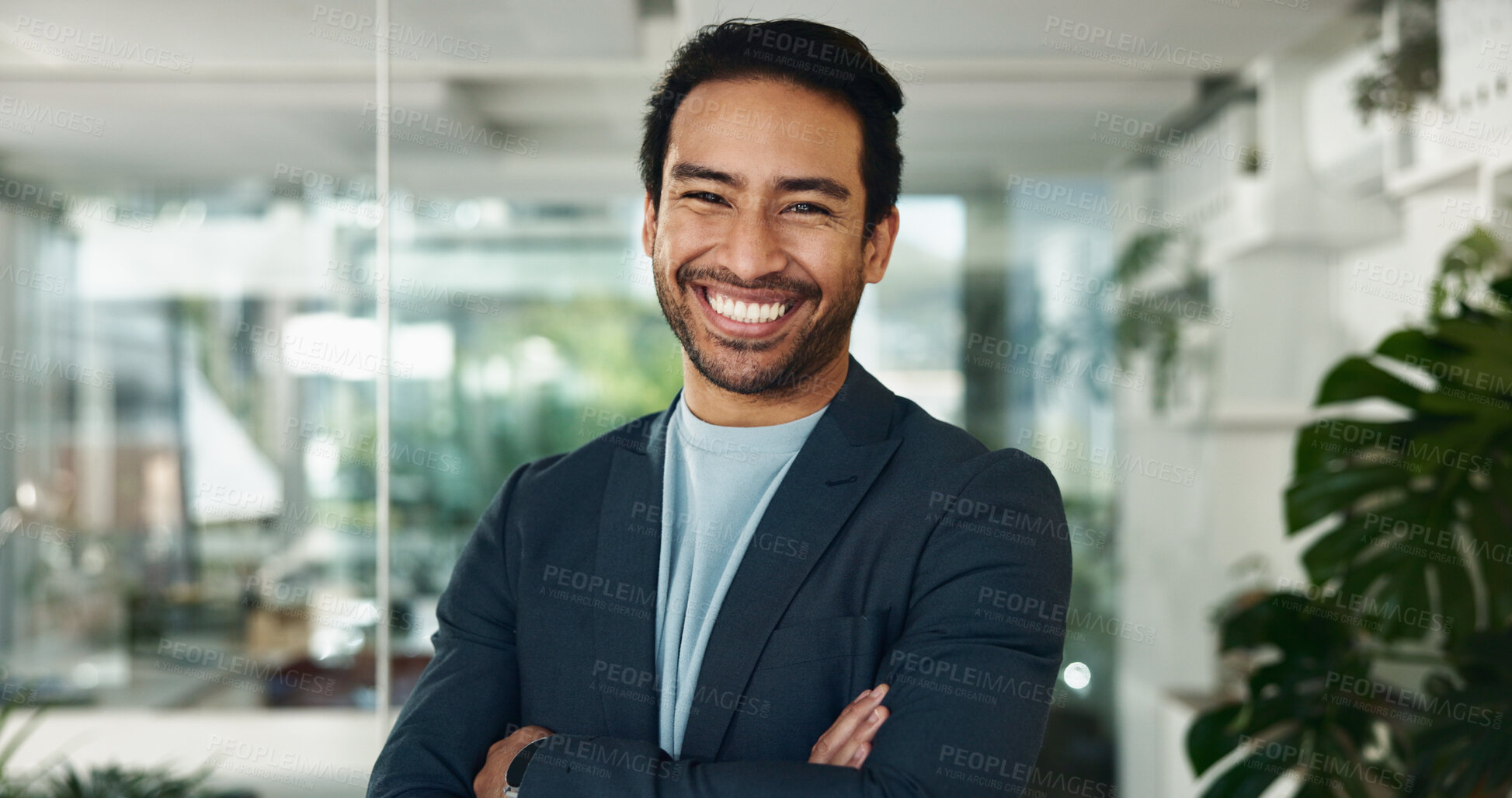 Buy stock photo Business portrait, happy or man with arms crossed in office for software maintenance, career pride or confidence. Professional, programmer or smile for programming startup or database troubleshooting