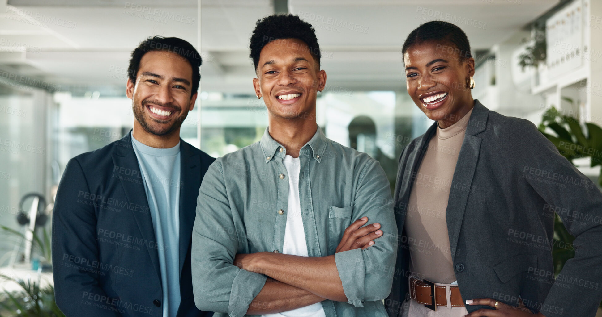 Buy stock photo Employees, portrait and arms crossed for vision in office, teamwork and manager for support. Business people, cooperation and global news agency for press media, journalism diversity and confidence