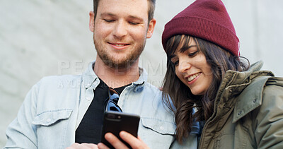 Buy stock photo Couple, phone and happy with travel in city with notification, reading and check booking for taxi on sidewalk. Man, woman and smartphone on mobile app, smile and search for direction on trip in Spain