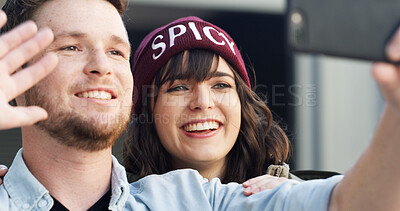 Buy stock photo Couple, smile and selfie outdoor by house for happy memory, social media post or profile picture update. Care, people and bonding with photography for connection, security and support in relationship