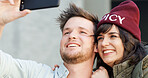 Couple, smile and selfie together outdoor for happy memory, social media post or profile picture update. Love, people and bonding with photography for connection, security and support in relationship