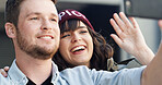 Couple, smile or video call outdoor by home for communication, hello or online networking. Happy, people and wave with smartphone for virtual discussion for connection, greeting or bonding together
