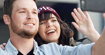 Buy stock photo Couple, smile or video call outdoor by home for communication, hello or online networking. Happy, people and wave with smartphone for virtual discussion for connection, greeting or bonding together