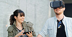 Couple, virtual reality and headset in city with game, tablet and guide for rpg with application in street. Woman, man and touchscreen with ar, adventure and play in metaverse on sidewalk in Spain