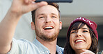 Happy couple, selfie and laughing with picture in city for photography, memory or moment together. Man, woman or lovers with smile, travel or holiday in joy for capture, vlog or social media in town
