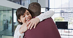 Hug, promotion and success with business people in office for happy, friends and welcome gesture. Trust, support and team building with employees in startup agency for pride, bonus and solidarity