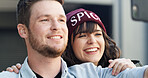 Couple, smile and selfie outdoor by home for happy memory, social media post or profile picture update. Love, people and bonding with photography for connection, security and support in relationship
