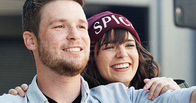 Buy stock photo Couple, smile and selfie outdoor by home for happy memory, social media post or profile picture update. Love, people and bonding with photography for connection, security and support in relationship