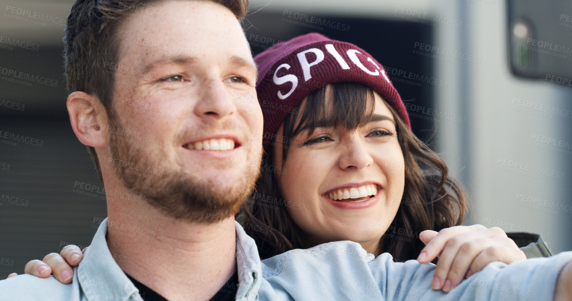 Buy stock photo Couple, smile and selfie outdoor by home for happy memory, social media post or profile picture update. Love, people and bonding with photography for connection, security and support in relationship