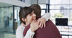 Hug, promotion and friends with business people in office for success, excited and welcome gesture. Trust, support and team building with employees in startup agency for pride, bonus and solidarity