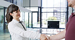 Happy, business people and handshake with meeting for greeting, introduction or hiring at office. Businessman, woman or employees shaking hands with smile for recruiting, thank you or agreement