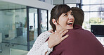 Hug, promotion and happy with business people in office for success, excited and welcome gesture. Trust, support and team building with employees in startup agency for pride, bonus and solidarity