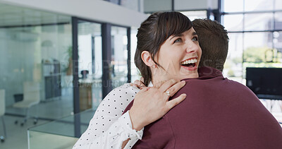 Buy stock photo Hug, promotion and happy with business people in office for success, excited and welcome gesture. Trust, support and team building with employees in startup agency for pride, bonus and solidarity