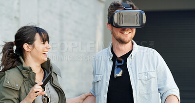 Buy stock photo Couple, vr and headset in city with game, laughing and guide for rpg with futuristic tech in street. Woman, man and happy with augmented reality, glasses and playful with metaverse on road in Spain