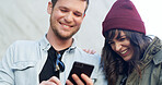 Couple, phone and smile with travel in city with notification, reading and check booking for taxi on sidewalk. Man, woman and smartphone on mobile app, happy and search for direction on trip in Spain