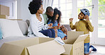 Happy, black family and boxes with sofa for unpacking, relocation or moving in new home together. African, mom and dad with children or kids for unboxing, property or toys in living room at house