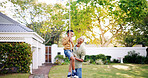 Man, child and rope in garden for swing, DIY games and support in home for protection. Father, son or playing in backyard with bonding, fun activity and help for safety with happiness in relationship