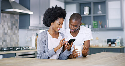 Buy stock photo Black couple, phone and coffee in kitchen with social media, subscription or funny video on internet. Happy woman, man or mobile in home with tea, good news and relax at counter on streaming platform