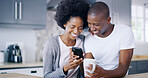Black couple, mobile and coffee in kitchen with social media, ecommerce and funny video on internet. Happy woman, man and phone in home with tea, good news and relax at counter on streaming platform