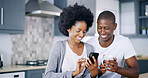 Black couple, mobile and coffee in kitchen with ecommerce, social media and funny video on internet. Happy woman, man and phone in home with tea, good news and relax at counter on streaming platform